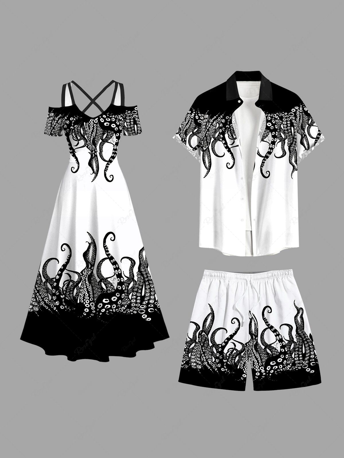 Outfit Octopus Two Tone Print Plus Size Matching Dress and Shirt For Couples  