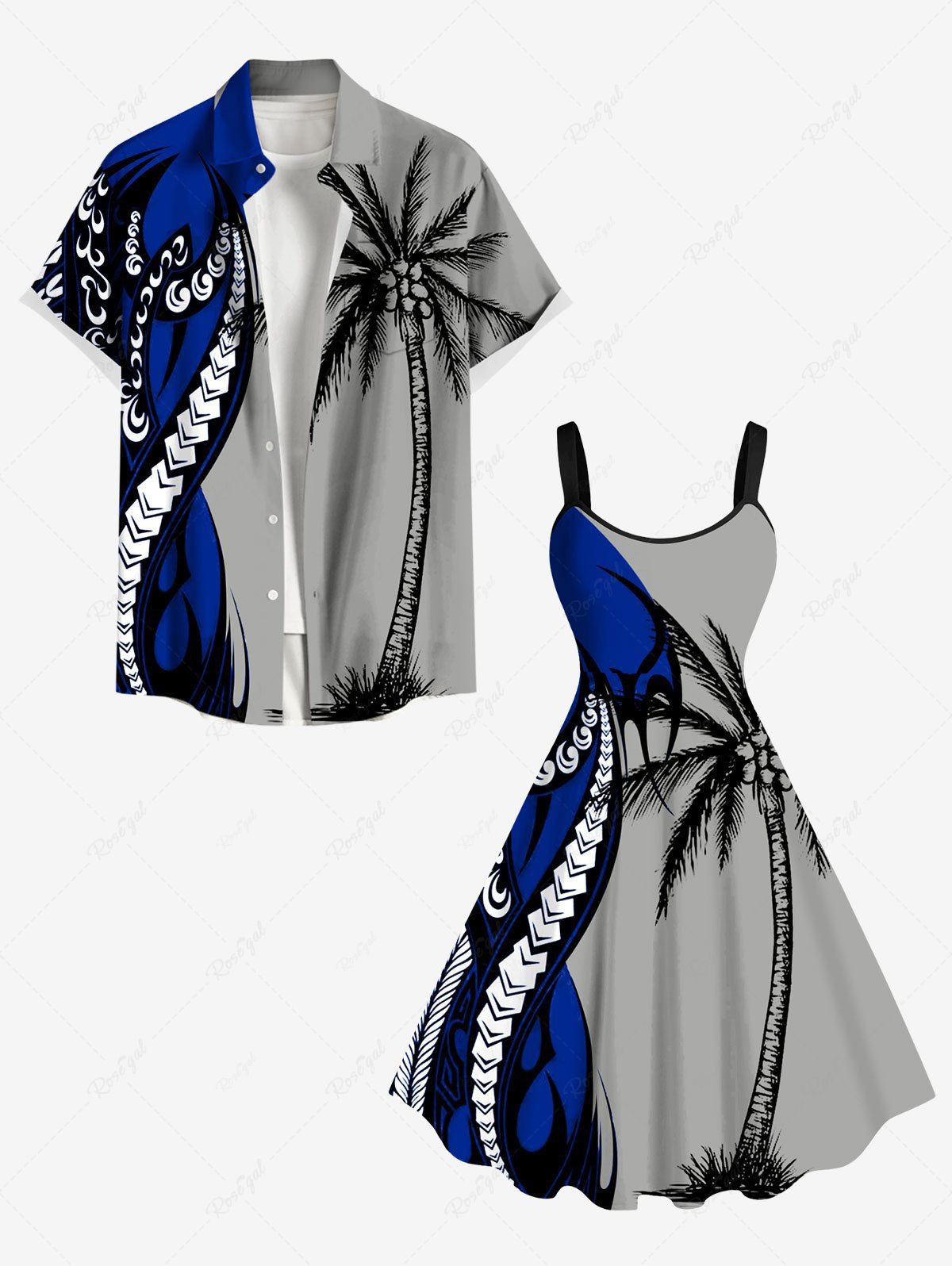 Tenue de Plage Grande Taille Imprimé Poulpe et Cocotier en Blocs de Couleurs Gris Clair 