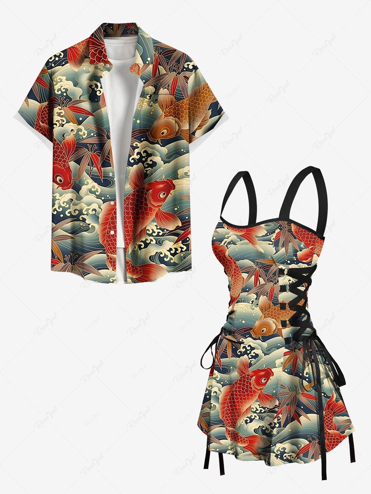 Costume de Plage Grande Taille Imprimé Feuille et Poisson Or Rouge 