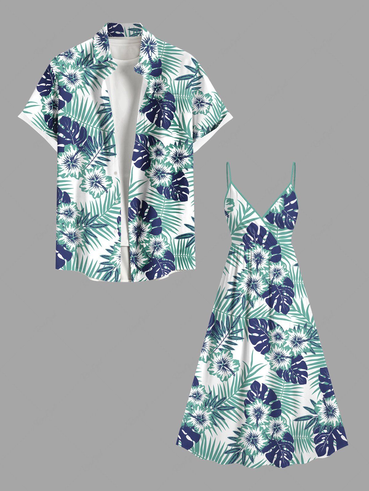 Tenue de Plage à Imprimé Feuilles Tropicales Grande-Taille pour Couples Bleu clair 