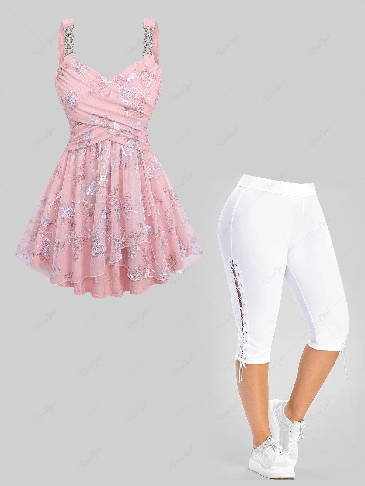 Best Flower Print Embroidery Surplice Textured Tank Top and Lace Up Capri Pants Plus Size Outfit  