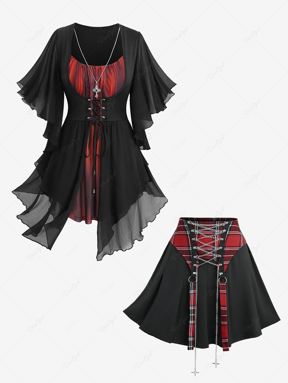 Unique Lace Up Chain Ombre Asymmetrical Butterfly Sleeves T-shirt and Plaid Print Skirt Plus Size Outfit  
