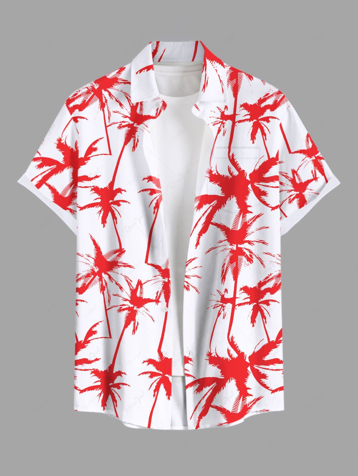 Sale Plus Size Coconut Tree Two Tone Print Hawaii Button Pocket Shirt For Men  