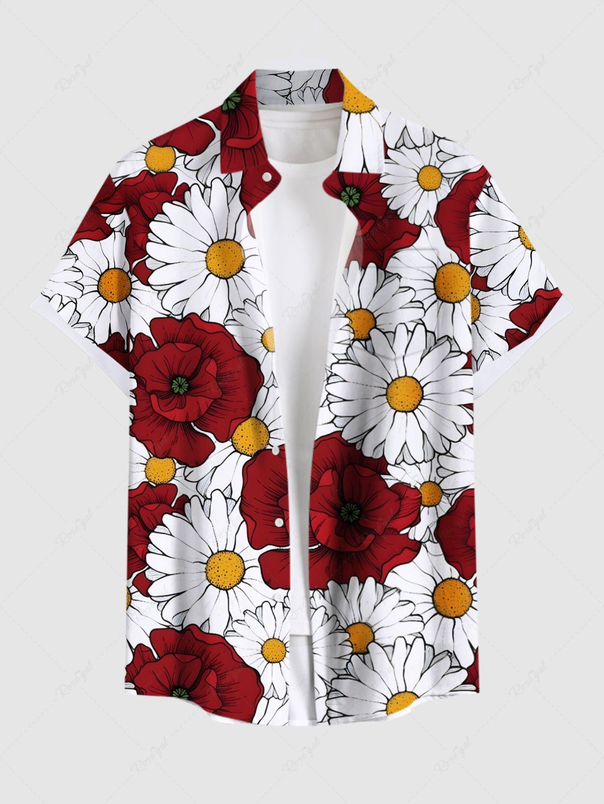 Cheap Plus Size Daisy Flower Print Hawaii Button Pocket Shirt For Men  