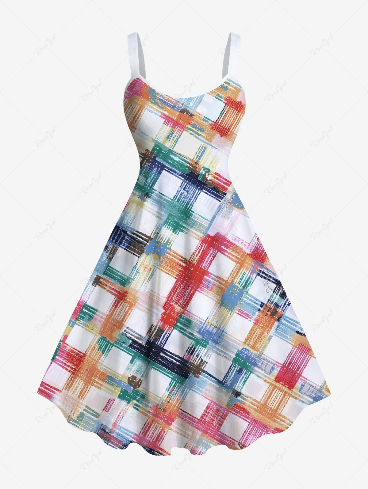 Online Plus Size Colorful Painting Geometric Plaid Print Hawaii B A Line Tank Dress  