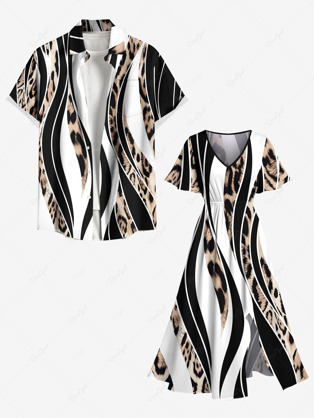 Chic Leopard Curve Colorblock Print Plus Size Matching Hawaii Beach Outfit For Couples  