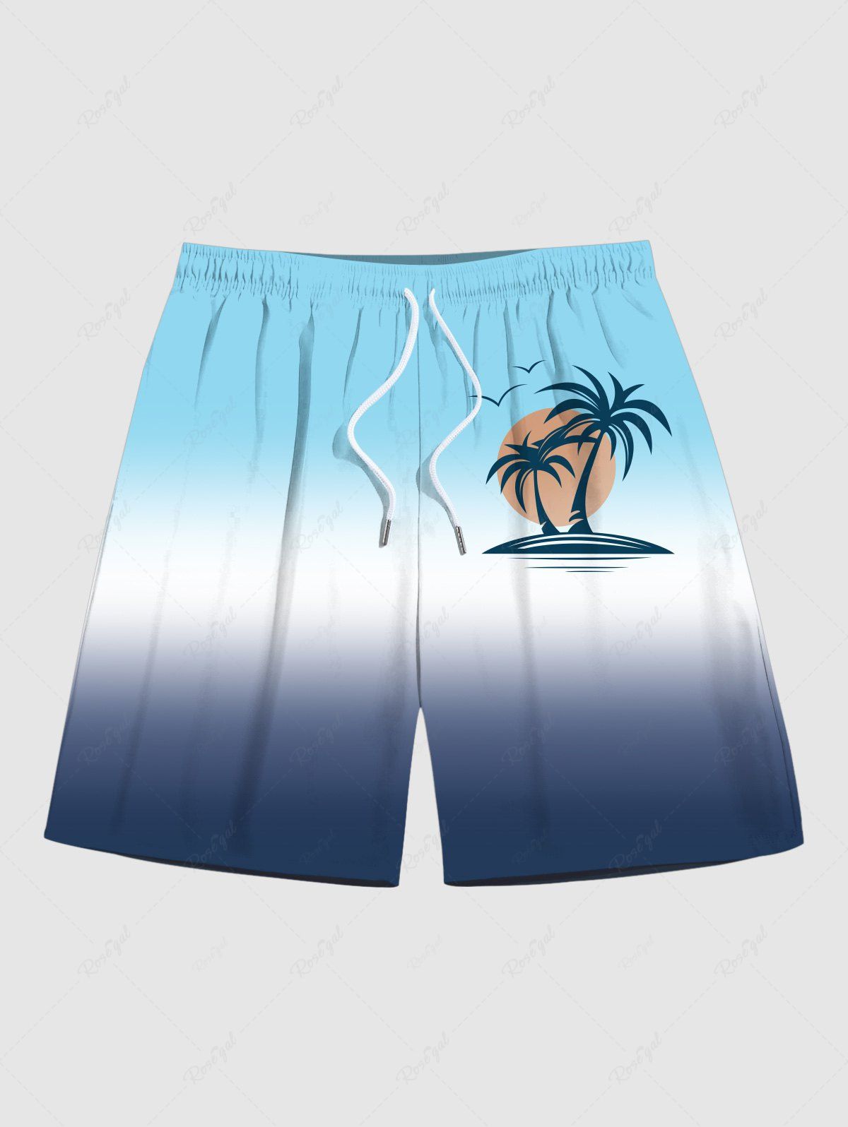 Latest Plus Size Coconut Tree Sun Ombre Colorblock Print Hawaii Beach Shorts For Men  