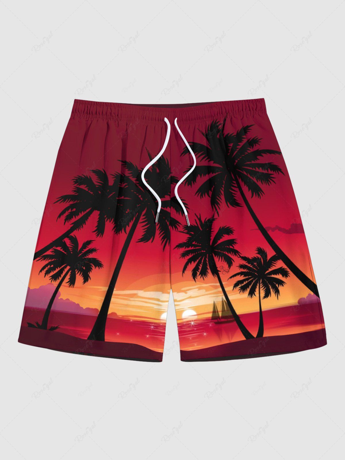 Best Plus Size Coconut Tree Sun Seascape Ombre Sky Print Hawaii Beach Shorts For Men  