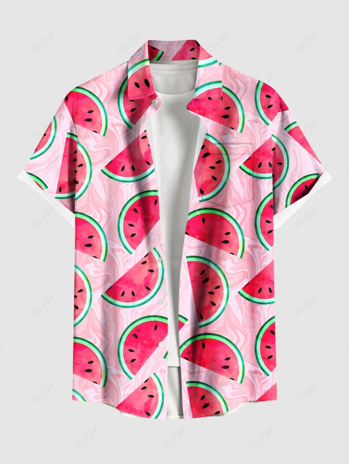Trendy Plus Size Watermelon Print Buttons Pocket Hawaii Shirt For Men  