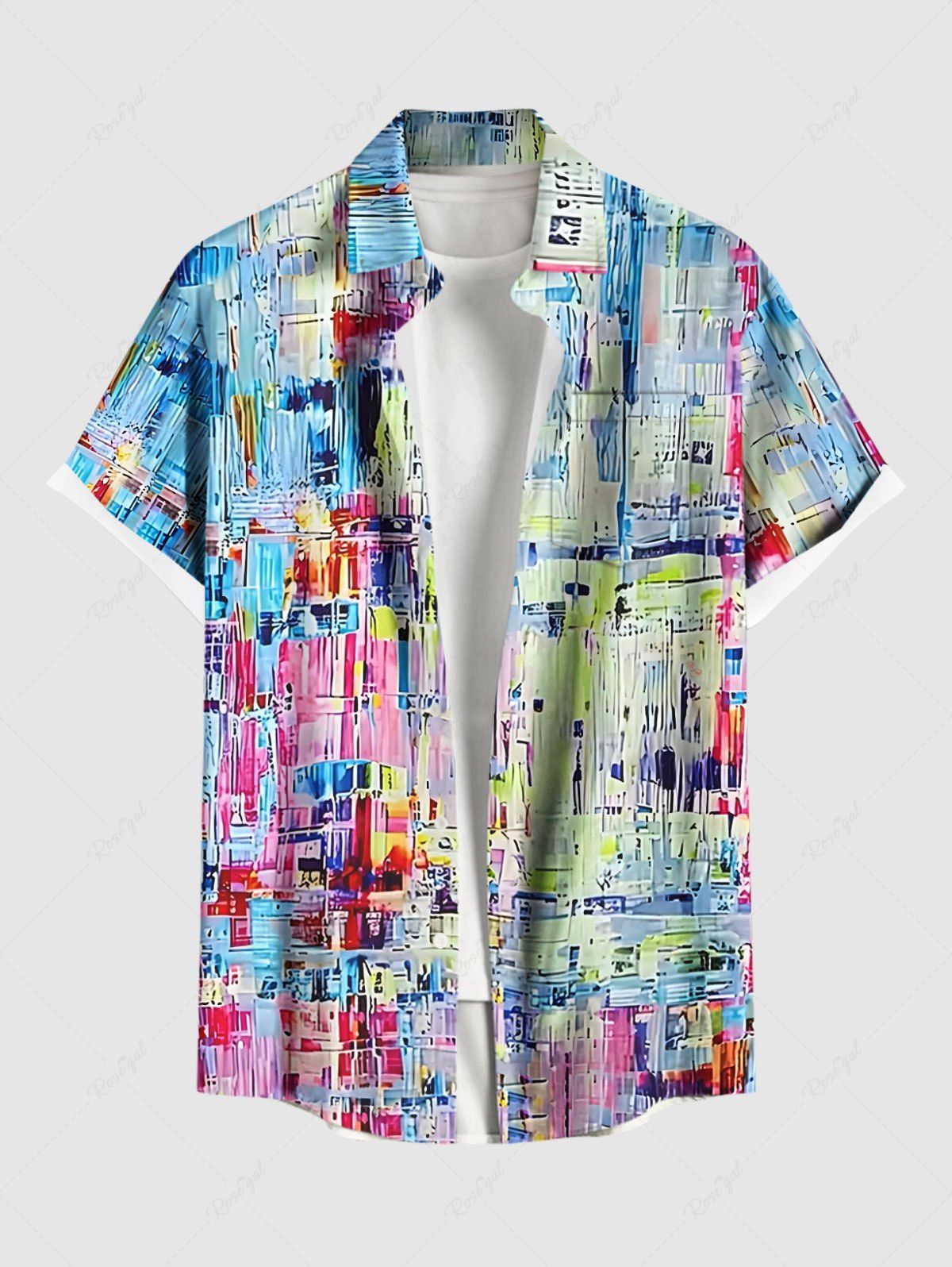 New Plus Size Oil Painting Colorblock Print Buttons Pocket Hawaii Shirt For Men  