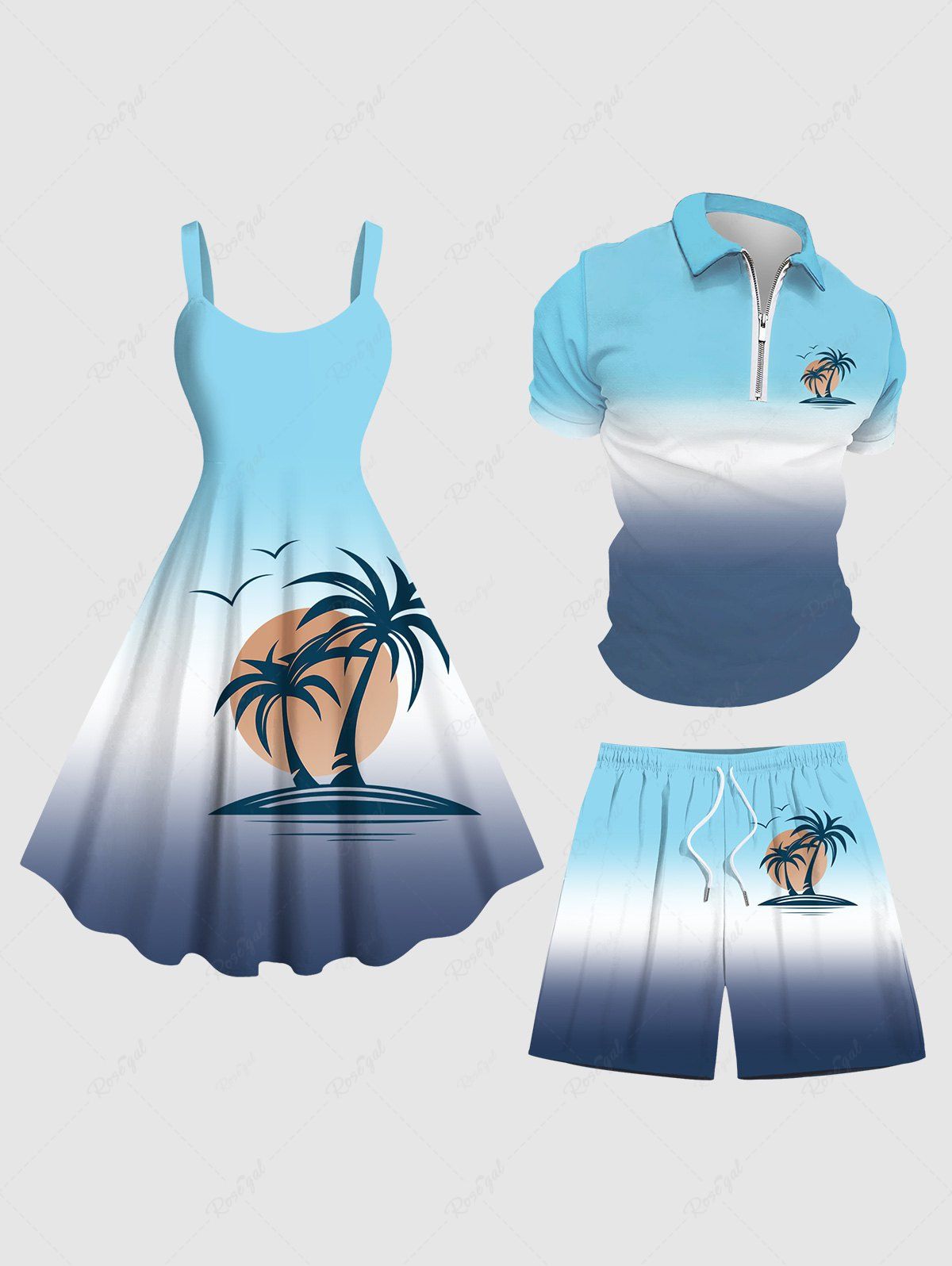 Cheap Coconut Tree Sun Ombre Colorblock Print Plus Size Matching Hawaii Beach Outfit For Couples  