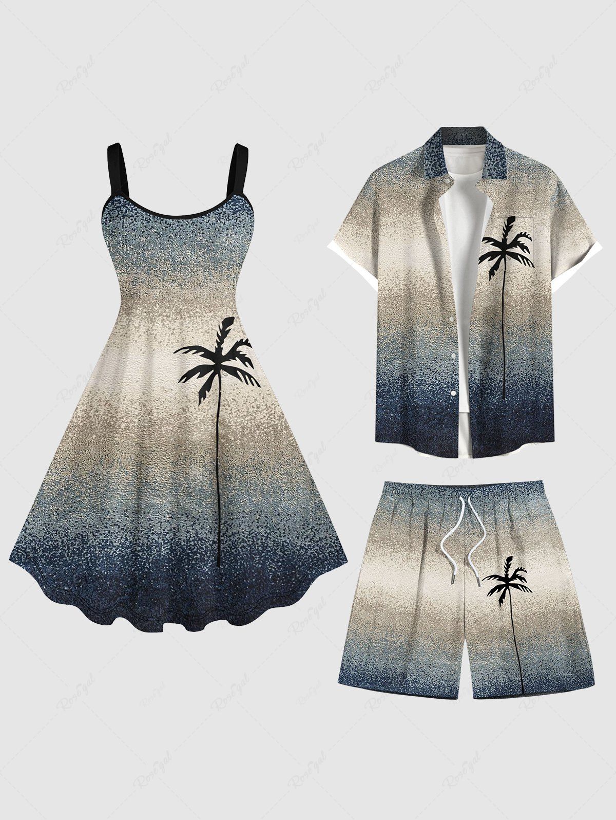 Online Ombre Colorblock Coconut Tree Print Plus Size Matching Hawaii Beach Outfit For Couples  