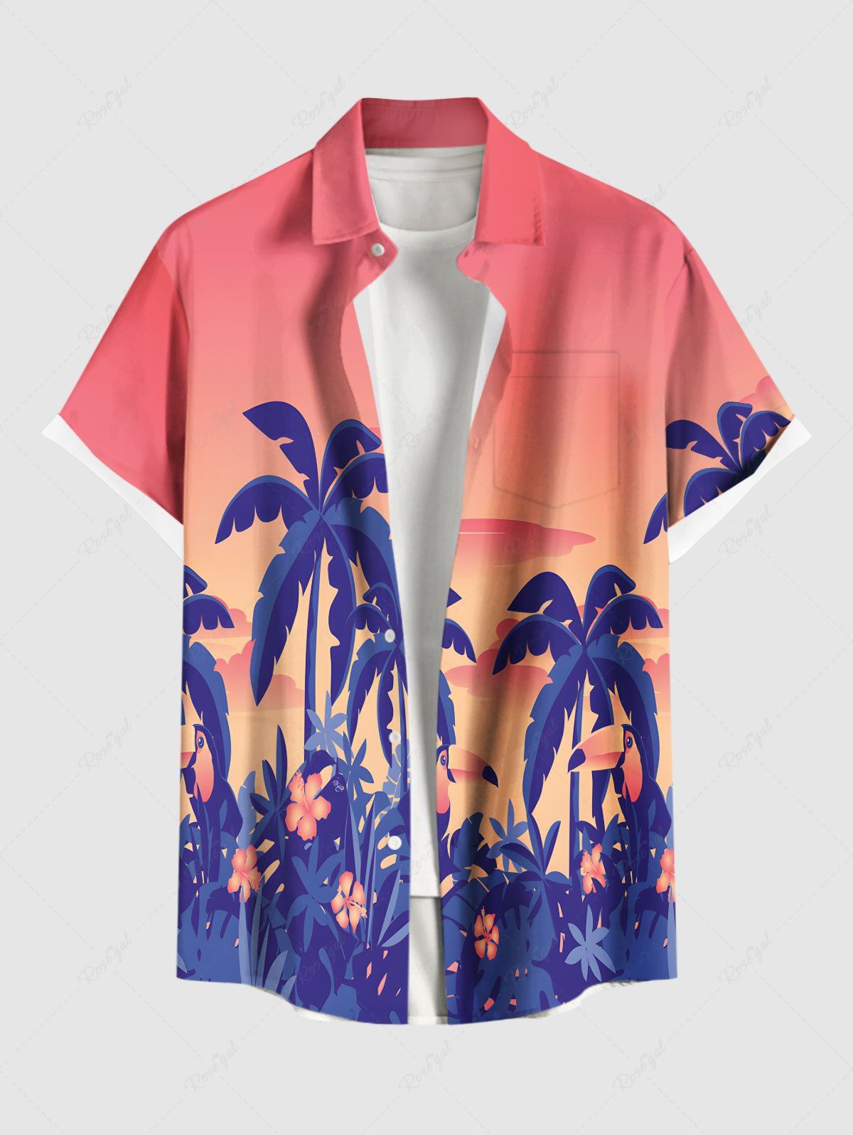 Discount Plus Size Coconut Tree Flowers Ombre Print Buttons Pocket Hawaii Shirt For Men  