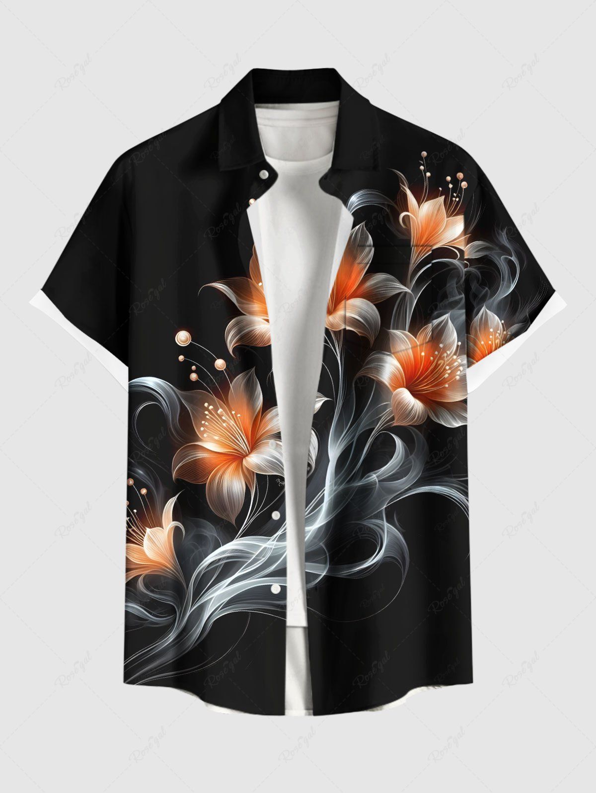 Discount Plus Size Flowers Leaf Glitter 3D Print Buttons Pocket Hawaii Shirt For Men  
