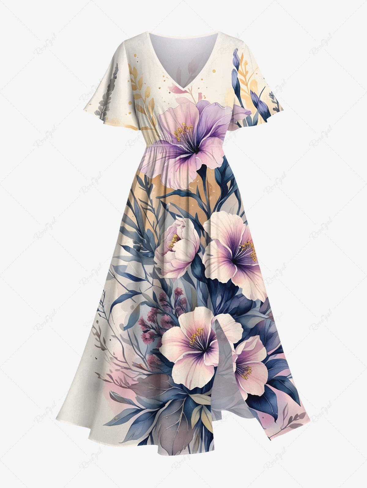 Outfits Plus Size Hibiscus Flowers Leaf Print Split Hawaii Midi Dress  