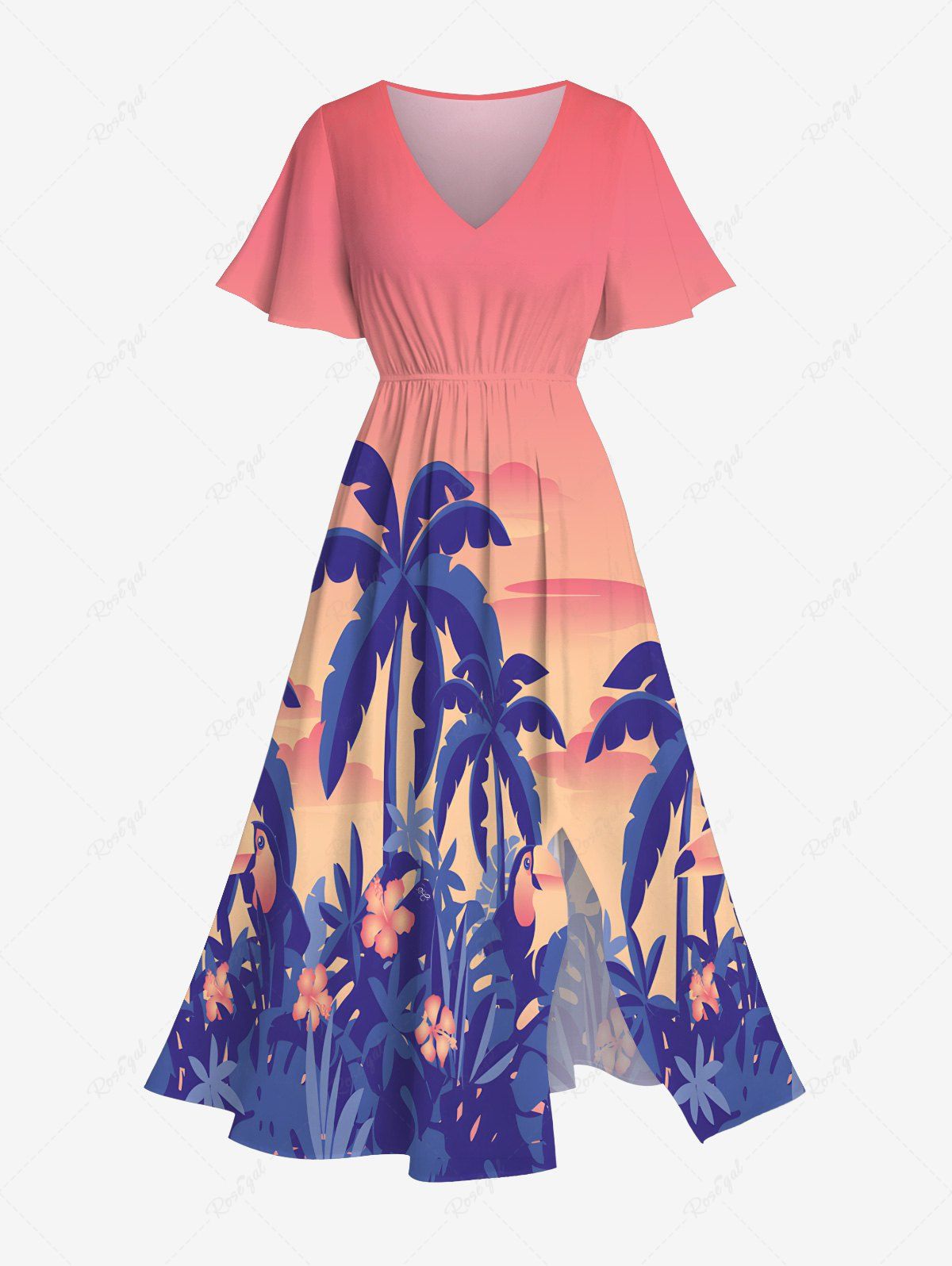 Fashion Plus Size Coconut Tree Flowers Ombre Print Split Hawaii Midi Dress  