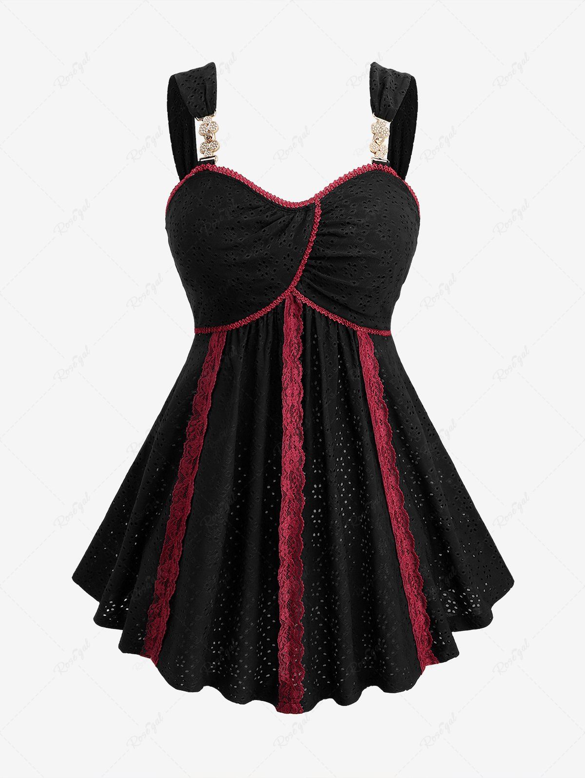 Débardeur bicolore en jacquard pointelle ajouré et contrasté avec bordure en dentelle Noir M | US 10