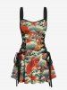 Costume de Plage Grande Taille Imprimé Feuille et Poisson Or - Rouge 