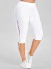 Flower Print Embroidery Surplice Textured Tank Top and Lace Up Capri Pants Plus Size Outfit -  