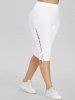 Flower Print Embroidery Surplice Textured Tank Top and Lace Up Capri Pants Plus Size Outfit -  