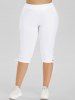 Flower Print Embroidery Surplice Textured Tank Top and Lace Up Capri Pants Plus Size Outfit -  
