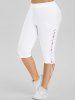 Flower Print Embroidery Surplice Textured Tank Top and Lace Up Capri Pants Plus Size Outfit -  