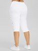Flower Print Embroidery Surplice Textured Tank Top and Lace Up Capri Pants Plus Size Outfit -  