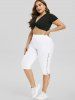 Flower Print Embroidery Surplice Textured Tank Top and Lace Up Capri Pants Plus Size Outfit -  