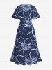 Robe D'Hawaii Mi-Longue Fendue Fleur D'Hibiscus et Peinture Imprimés de Grande Taille - Bleu 6X