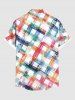 Plus Size Colorful Painting Geometric Plaid Print Hawaii Button Pocket Shirt For Men -  