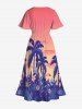 Robe Mi-Longue Hawaïen Fendue Fleur et Arbre de Noix de Coco Imprimés de Grande Taille - Rose clair L