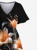 Robe Mi-Longue 3D Feuille et Fleur Imprimées de Grande Taille à Paillettes - Noir M
