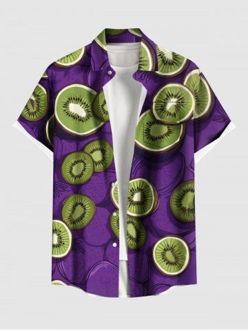 Plus Size Kiwi Fruit Print Hawaii Button Pocket Shirt For Men - PURPLE - 4XL