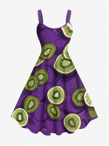 Plus Size Kiwi Fruit Print Hawaii A Line Tank Dress - PURPLE - XS