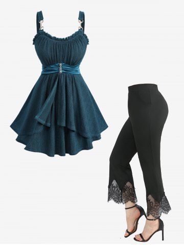 Chain Panel Ruched Silk Waist Ribbed Tank Top and Scalloped Tassel Lace Trim Flare Pants Plus Size Outfit