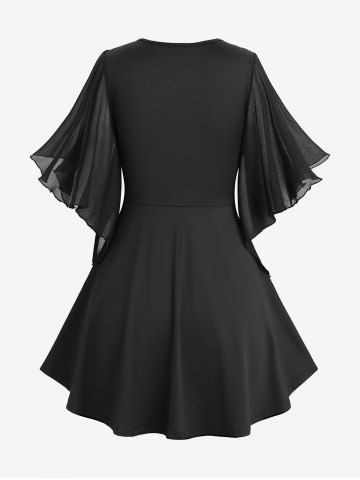 Lace-up Ombre Asymmetrical Butterfly Sleeve T-shirt and Scalloped Tassel Lace Trim Flare Pants Plus Size Outfit