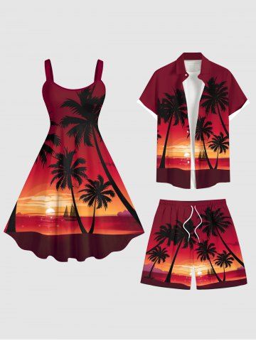 Coconut Tree Sunset Sea Sailboat Ombre Print Plus Size Matching Hawaii Beach Outfit For Couples