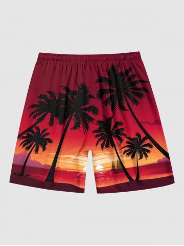 Coconut Tree Sunset Sea Sailboat Ombre Print Plus Size Matching Hawaii Beach Outfit For Couples