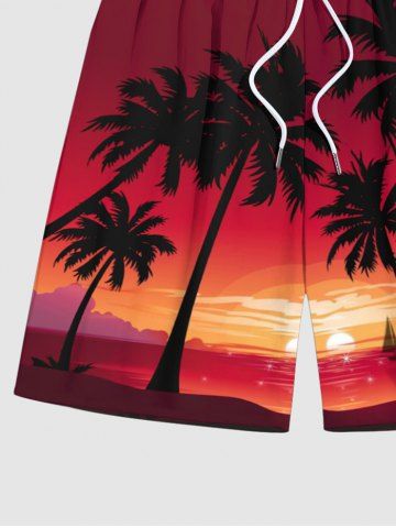 Coconut Tree Sunset Sea Sailboat Ombre Print Plus Size Matching Hawaii Beach Outfit For Couples