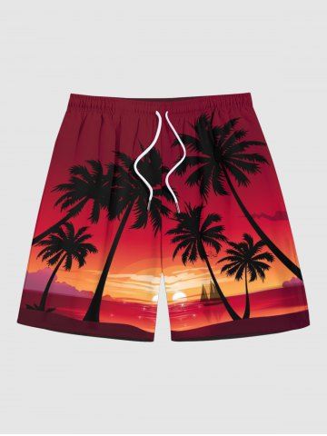 Coconut Tree Sunset Sea Sailboat Ombre Print Plus Size Matching Hawaii Beach Outfit For Couples