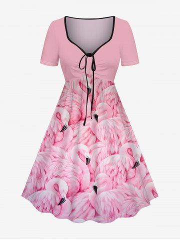 Plus Size Flamingo Print Cinched Hawaii Dress - LIGHT PINK - 3X