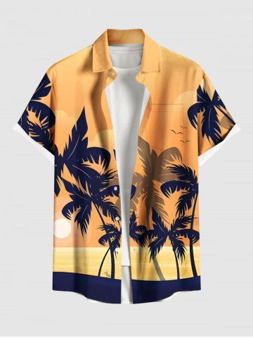 Plus Size Coconut Tree Sun Cloud Colorblock Print Buttons Pocket Hawaii Shirt For Men - DEEP YELLOW - L