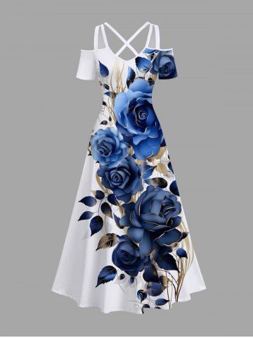 Plus Size Rose Flowers Leaf Print Cold Shoulder Crisscross Hawaii Maxi Dress - BLUE - 1X