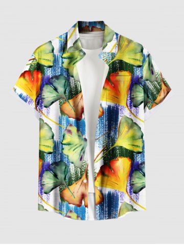 Chemise Boutonnée Peinture Feuille de Ginkgo Imprimée avec Poche de Grande Taille pour Homme