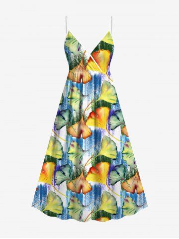 Plus Size Ginkgo Leaf Painting Print Hawaii Surplice A Line Cami Dress - BLUE - 6X