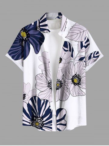 Plus Size Striped Petal Flower Print Hawaii Button Pocket Shirt For Men - WHITE - 4XL