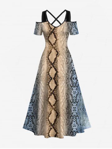 Robe longue trapèze à imprimé géométrique texturé et motif serpent grande taille, style hawaïen, épaules dénudées et croisée. - MULTI-A - M