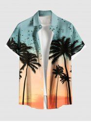 Plus Size Coconut Tree Bird Ombre Dusk Print Hawaii Button Pocket Shirt For Men -  