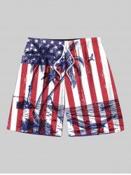 Plus Size Coconut Tree Sea Patriotic American Flag Print Hawaii Drawstring Beach Shorts For Men -  