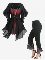 Lace-up Ombre Asymmetrical Butterfly Sleeve T-shirt and Scalloped Tassel Lace Trim Flare Pants Plus Size Outfit -  